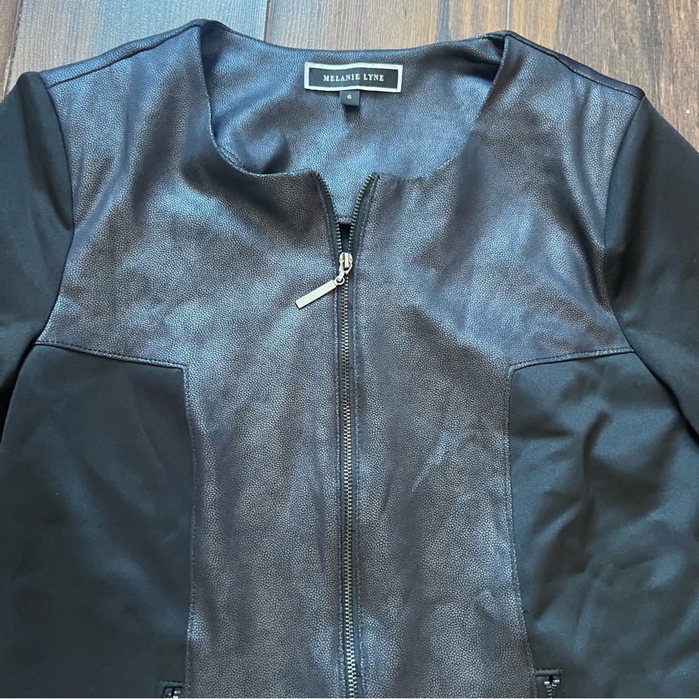 Melanie Lyne Black Faux Leather Panel Zip Front Jacket Size 6 - Picture 4 of 7